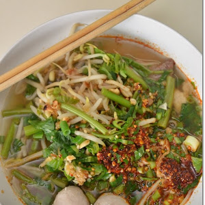 Kway tiao nam tok is a dish in Thailand often eaten with chopsticks.